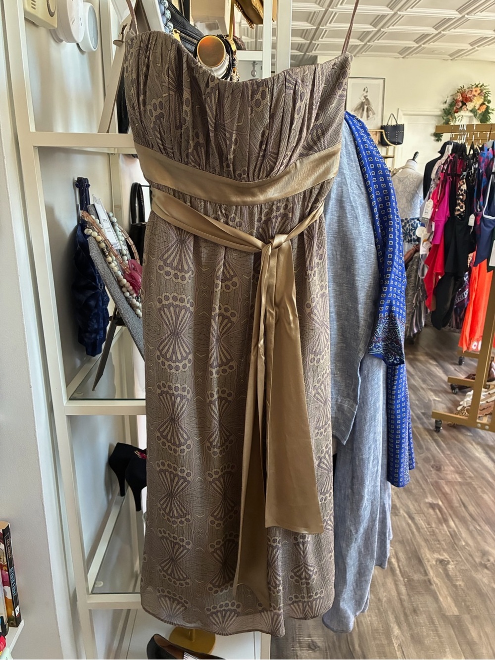 Ted Baker Taupe Strapless Patterned Midi Dress with Satin Sash